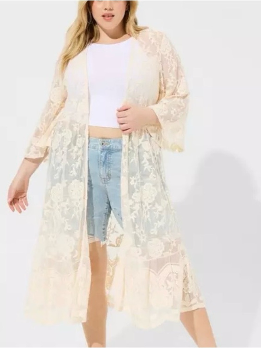 Gorgeous! Torrid Ivory Floral Lace Kimono/Duster Size 3X - Picture 2 of 7